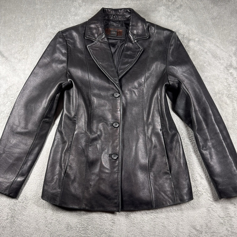 Siena Studio Black Genuine Leather Blazer Jacket Women's Size‎ 10 Button Front